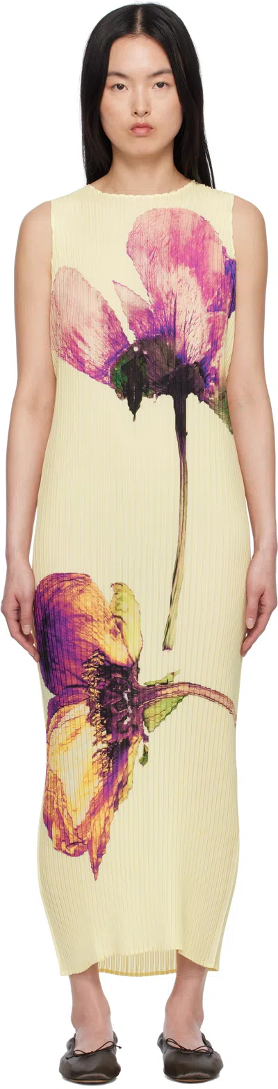 Issey Miyake Yellow Pressed Flora Pleats Maxi Dress In 98 Peony