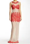 ISSUE NEW YORK ILLUSION GOWN IN RED, BEIGE