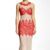 ISSUE NEW YORK ILLUSION GOWN IN RED, BEIGE