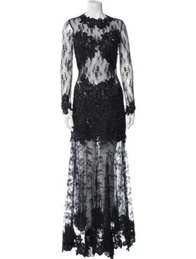 Pre-owned Issue New York Lace Pattern Long Dress In Black