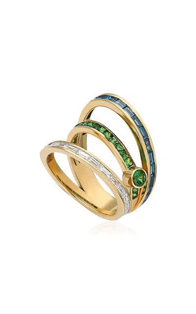 Itä Fine Jewelry 14k Yellow Gold ¡buenos Días! “maravilla” Triple Mega Ray Pinky Ring In Green