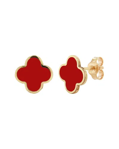 Italian Gold 14k Yellow Gold Clover Stud Earrings-coral In Red