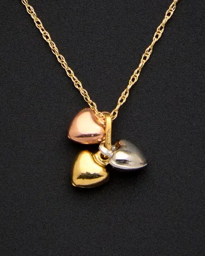 Italian Gold 14k Italian Tri-tone Gold Triple Petite Puffed Heart Pendant Necklace