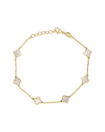 Italian Gold 14k Mother Of Pearl Clover Stackable Bracelet In White