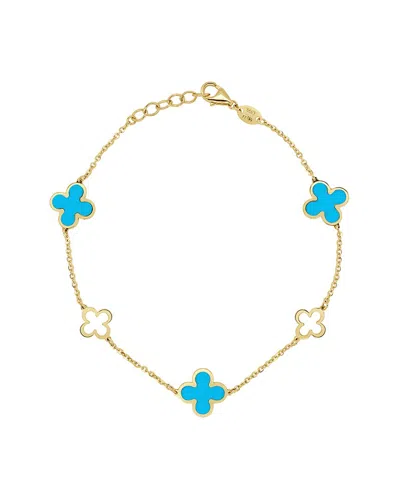 Italian Gold 14k Turquoise Station Chain Clover Bracelet In Neutral