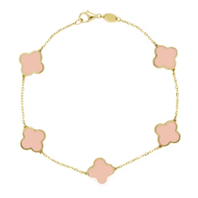 Italian Gold 14k Light Pink Agate Clover Stackable Bracelet