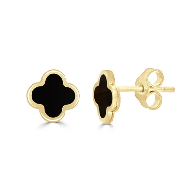 Italian Gold 14k Yg Larger Clover Stud Earrings-onyx In Gold