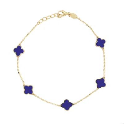 Italian Gold 14k Yellow Gold Station Clover Bracelet-lapis In Purple