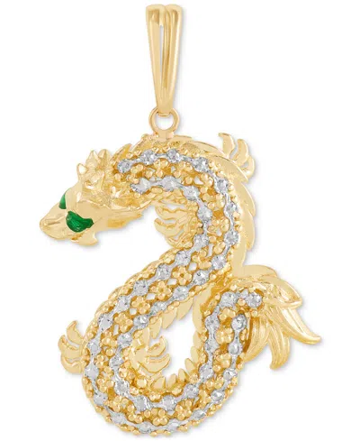 Italian Gold Green Enamel Eye Two-tone Dragon Pendant In 10k Gold