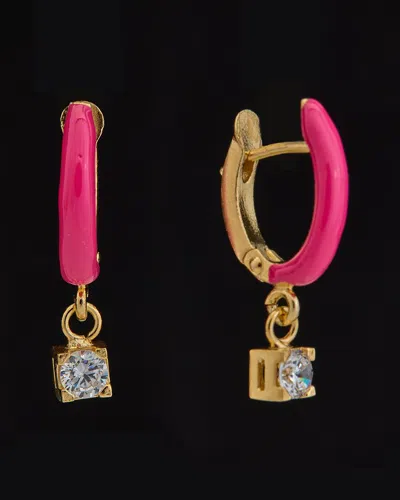 Italian Gold Over Silver 18k  0.08 Ct. Tw. Diamond Enamel Dangle Earrings In Pink