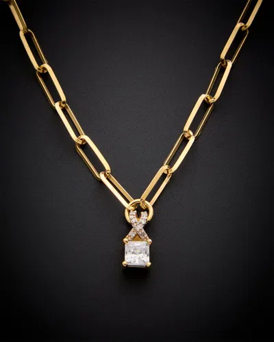 Italian Gold Over Silver 18k  .10 Ct Tw Diamond & White Topaz Paperclip Necklace