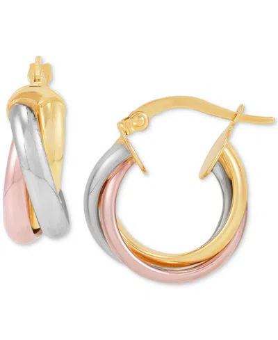 Italian Gold Polished Tube Crossover Small Hoop Earrings In 14k Tricolor Gold, 3/4" In Tri-color