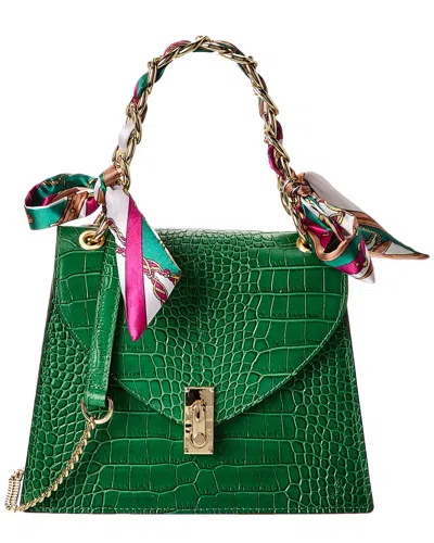 Italian Leather Croc-embossed Top Handle Shoulder Bag In Green