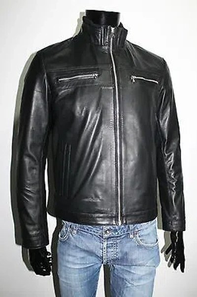 Pre-owned Italian Men Soft Lambskin Leather Jacket Color Black Size 3xl