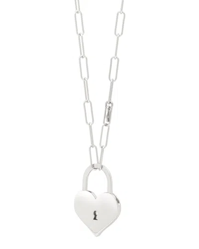 Italian Silver Heart Lock Paperclip Link Necklace In Metallic