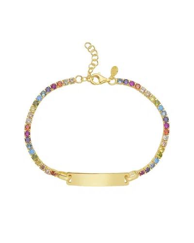 Italian Silver Italian Gold Gold Over Silver Rainbow Cz Tennis Id Bracelet In Multi