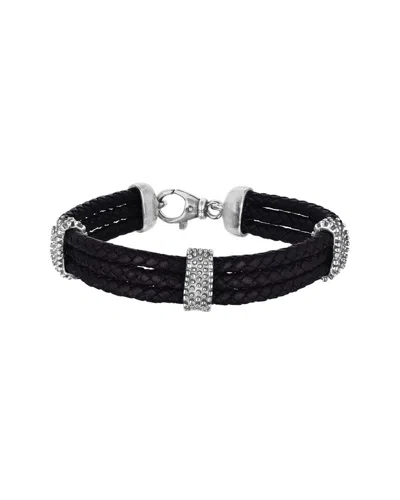 Italian Silver Sterling Silver & Leather Triple Strand Woven Brac In Black