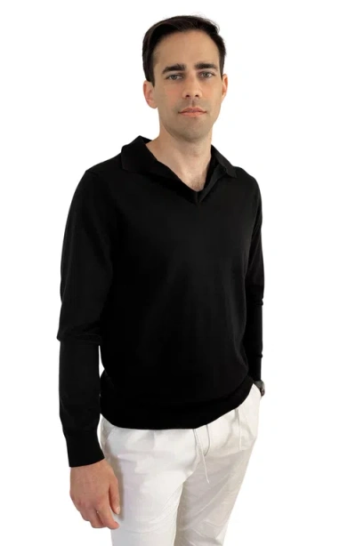 Italic Elliot Featherlight Long Sleeve Polo Shirt In Black