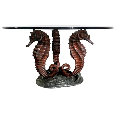 Pre-owned Italo Valenti Sculptural Coffee Table With Bronze Seahorse Base & Glass Top In Gold