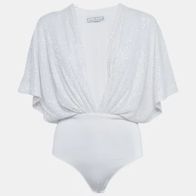 Pre-owned Itmfl White Sequin Plunge Neck Bodysuit Xs