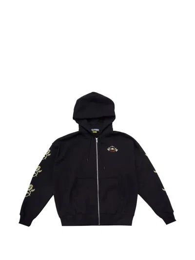 Iuter Floral-embroidered Zip-up Hoodie In Black