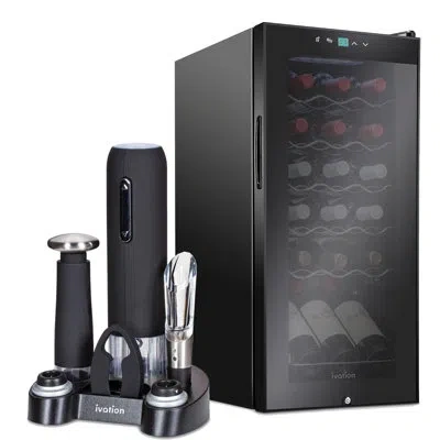 Ivation 13.6'' 18 Bottle Single Zone Freestanding Wine Refrigerator With 5-piece Wine Gift Set In Black