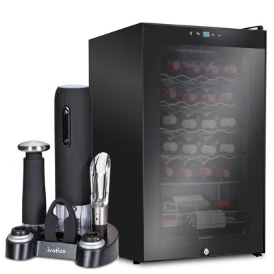 Ivation 17.7'' 24 Bottle Single Zone Freestanding Wine Refrigerator With 5-piece Wine Gift Set In Black