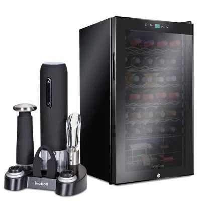 Ivation 18.7'' 34 Bottle Single Zone Freestanding Wine Refrigerator With 5-piece Wine Gift Set In Black