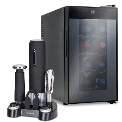 Ivation 9.9" Bottle Single Zone Freestanding Wine Refrigerator With 5-piece Wine Gift Set In Black
