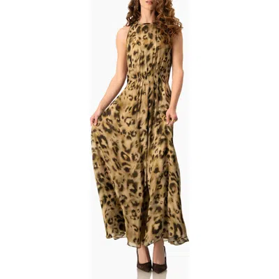 Ivonne Abstract Animal Print Chiffon, Sleeveless Cinched-waist A-line Maxi Dress In Brown