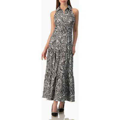Ivonne Abstract Graphic Print Halter-neck Fitted Maxi Dress In Black