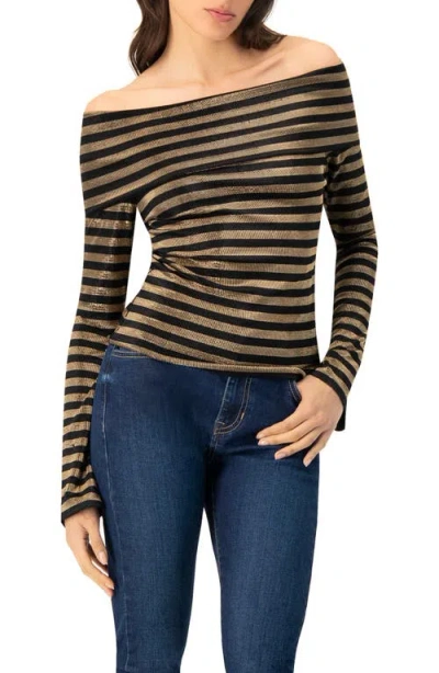 Ivonne Bardot Neckline Striped Long Sleeve Blouse In Black