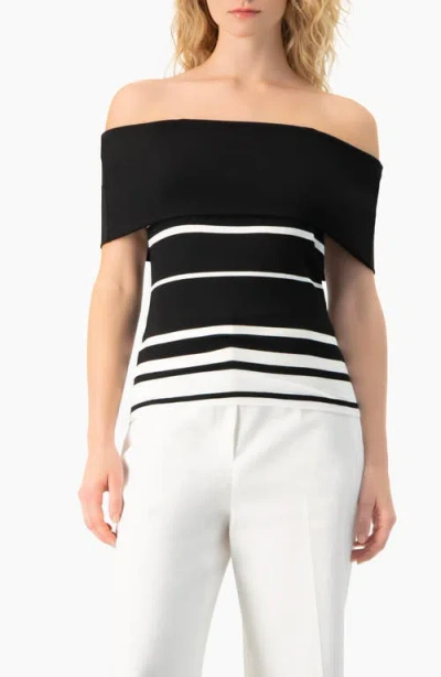 Ivonne Bardot Stripe Off-shoulder Short-sleeve Knit Top In Black