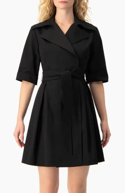 Ivonne Belted Collared Short-sleeve Shirt Mini Dress In Black