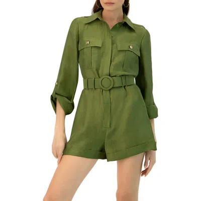 Ivonne Belted Linen Romper With Cargo Patch Pockets In Gray