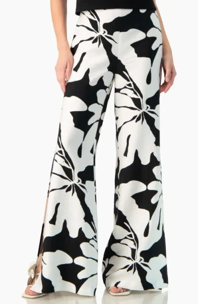 Ivonne Bold Floral Print High-waist Wide-leg Side-slit Trousers In Black