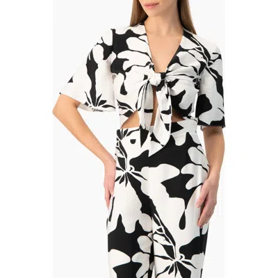 Ivonne Bold Floral Print Tie-front Wide-sleeve Crop Top In Black