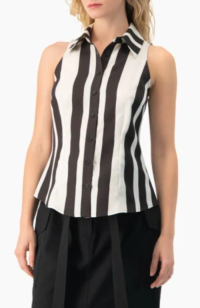 Ivonne Bold Vertical Stripe Sleeveless Fitted Button-front Shirt In Black