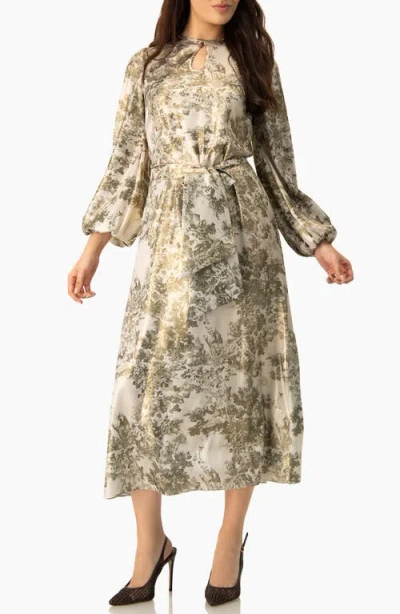 Ivonne Botanical Print Satin, Long Sleeve Belted Keyhole Midi Dress In Multi