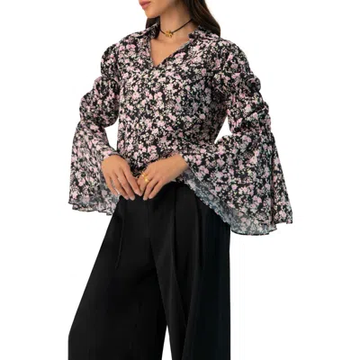 Ivonne Collared Long Sleeve Floral Print Blouse In Black