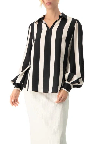 Ivonne Collared Long Sleeve Striped Blouse In Black