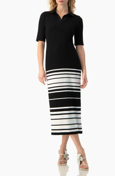 Ivonne Colorblock Stripe Polo-neck Knit Fitted Midi Dress In Black