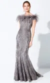 Ivonne D 220d22 Long Formal Detachable Feather Evening Dress In Gray