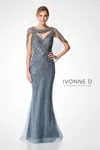 Ivonne D 221d47 Beaded Long Formal Cape Evening Dress In Gray