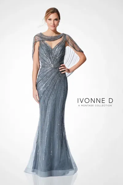 Ivonne D 221d47 Beaded Long Formal Cape Evening Dress In Gray