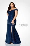 Ivonne D 221d51 Long Formal Lace Overskirt Evening Dress In Blue