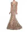 Ivonne D Embroidered Mermaid Gown In Taupe/pink