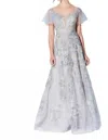 Ivonne D Fine Embroidered A Line Gown In Blue/silver In Gray
