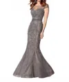 Ivonne D Hand Beaded Tulle Gown In Charcoal/nude