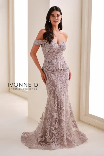 Ivonne D Id1209 Fitted Lace Applique Formal Long Dress In Brown